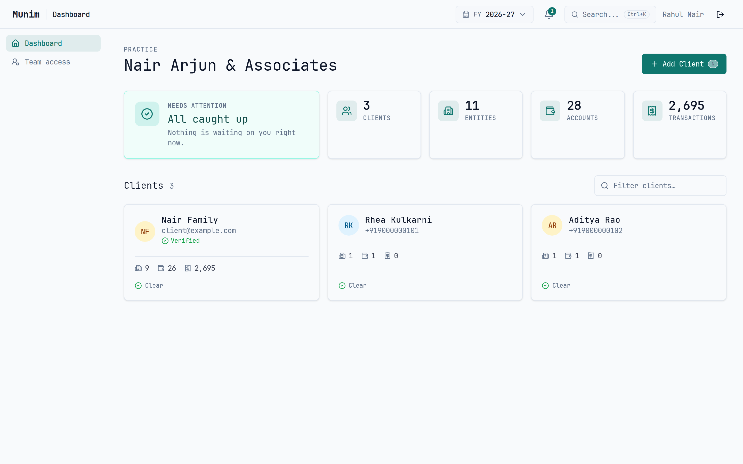 The Munim practice dashboard, listing clients with their entity, account and transaction counts