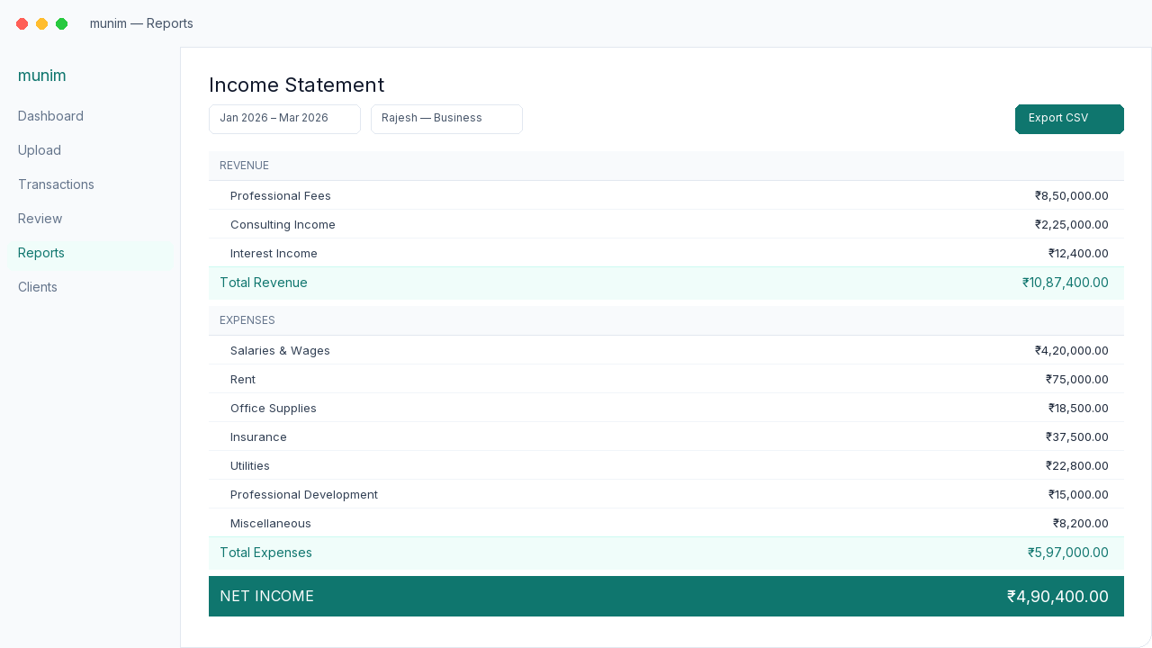 Screenshot of the Munim close interface
